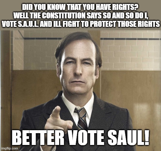 Saul Goodman Better Call Saul | DID YOU KNOW THAT YOU HAVE RIGHTS?  WELL THE CONSTITUTION SAYS SO AND SO DO I, VOTE S.A.U.L. AND ILL FIGHT TO PROTECT THOSE RIGHTS; BETTER VOTE SAUL! | image tagged in saul goodman better call saul | made w/ Imgflip meme maker