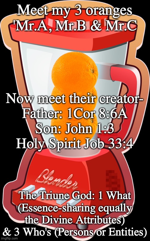 THE GODHEAD | Meet my 3 oranges 'Mr.A, Mr.B & Mr.C; Now meet their creator-
Father: 1Cor 8:6A
Son: John 1:3
Holy Spirit Job 33:4; The Triune God: 1 What (Essence-sharing equally the Divine Attributes) & 3 Who's (Persons or Entities) | image tagged in tri-unity | made w/ Imgflip meme maker