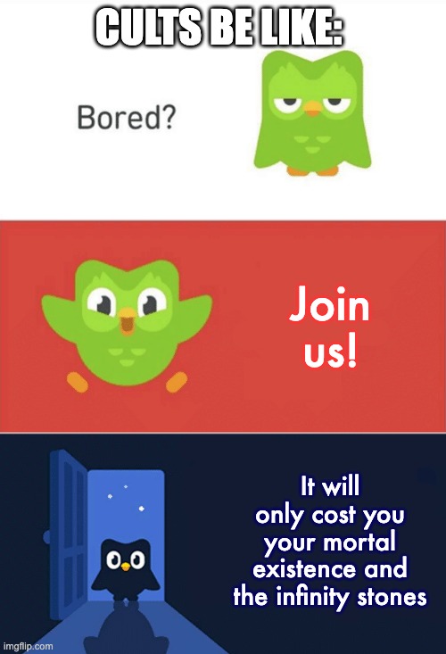 'Sounds good to me' | CULTS BE LIKE:; Join us! It will only cost you your mortal existence and the infinity stones | image tagged in duolingo bored 3-panel | made w/ Imgflip meme maker