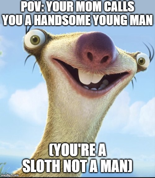Sid the Sloth | POV: YOUR MOM CALLS YOU A HANDSOME YOUNG MAN; (YOU'RE A SLOTH NOT A MAN) | image tagged in sid the sloth | made w/ Imgflip meme maker