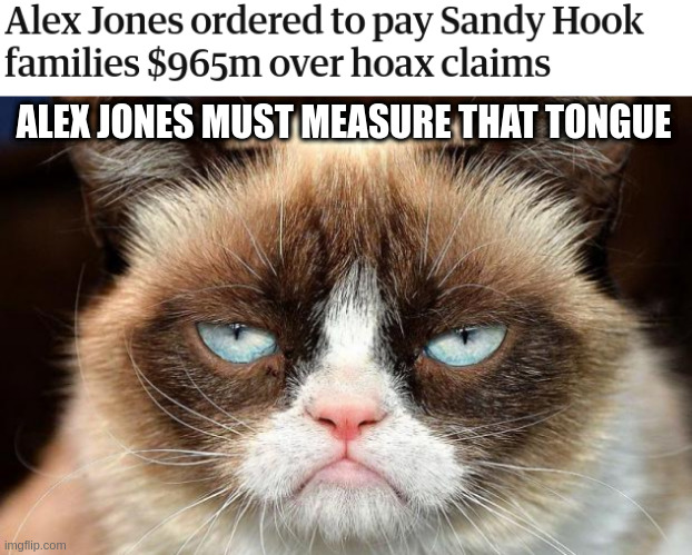 Alex Jones | ALEX JONES MUST MEASURE THAT TONGUE | image tagged in memes,grumpy cat not amused | made w/ Imgflip meme maker