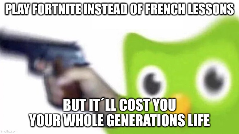 duolingo gun | PLAY FORTNITE INSTEAD OF FRENCH LESSONS; BUT IT´LL COST YOU YOUR WHOLE GENERATIONS LIFE | image tagged in duolingo gun | made w/ Imgflip meme maker