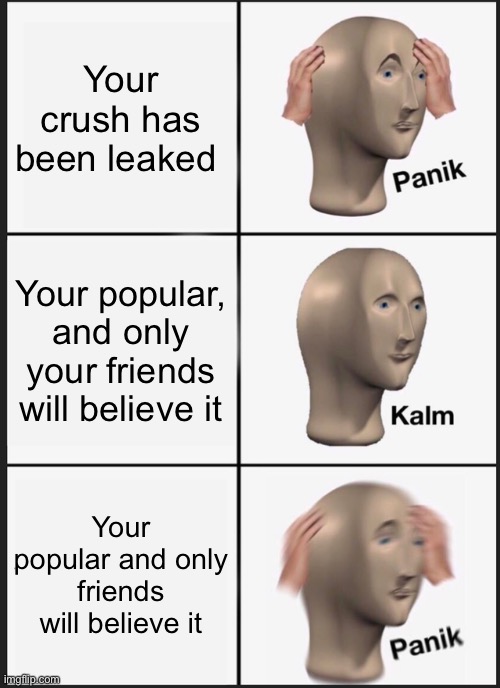 *pAnIcS* | Your crush has been leaked; Your popular, and only your friends will believe it; Your popular and only friends will believe it | image tagged in memes,panik kalm panik | made w/ Imgflip meme maker