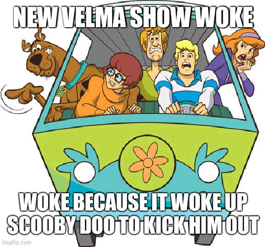 Two middle fingers thrown and it hasn't even come out yet | NEW VELMA SHOW WOKE; WOKE BECAUSE IT WOKE UP SCOOBY DOO TO KICK HIM OUT | image tagged in memes,scooby doo,ugh | made w/ Imgflip meme maker