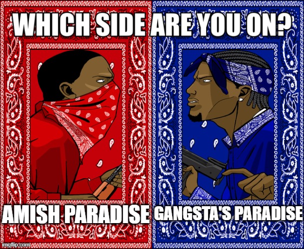 Which is better | AMISH PARADISE; GANGSTA'S PARADISE | image tagged in which side are you on | made w/ Imgflip meme maker