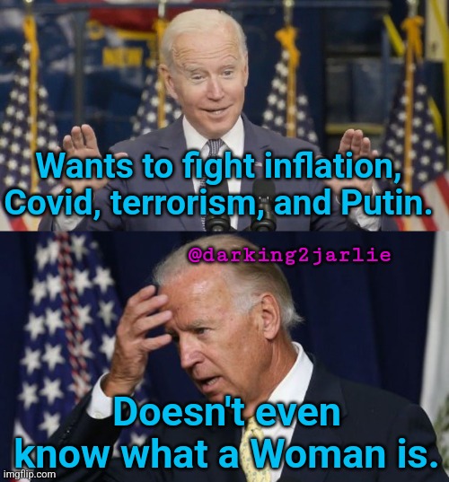 America needs a biologist Prez! | Wants to fight inflation, Covid, terrorism, and Putin. @darking2jarlie; Doesn't even know what a Woman is. | image tagged in joe biden,biden,america,usa,democrats,inflation | made w/ Imgflip meme maker