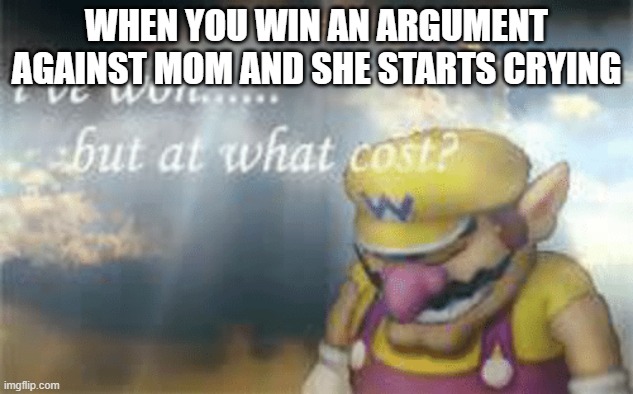 I've won but at what cost? | WHEN YOU WIN AN ARGUMENT AGAINST MOM AND SHE STARTS CRYING | image tagged in i've won but at what cost | made w/ Imgflip meme maker