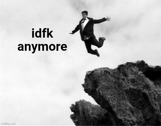 Man Jumping Off a Cliff | idfk anymore | image tagged in man jumping off a cliff | made w/ Imgflip meme maker
