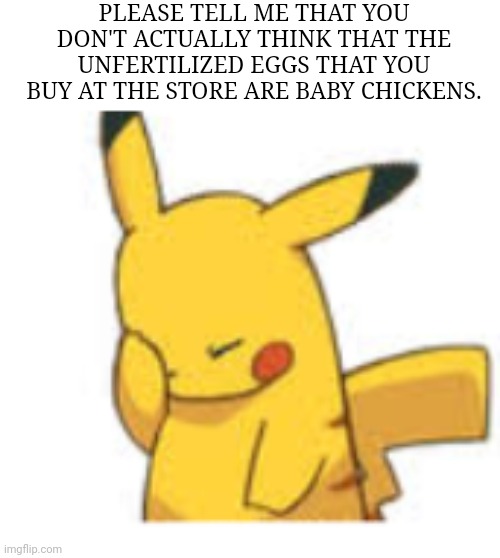 Pikachu Facepalm | PLEASE TELL ME THAT YOU DON'T ACTUALLY THINK THAT THE UNFERTILIZED EGGS THAT YOU BUY AT THE STORE ARE BABY CHICKENS. | image tagged in pikachu facepalm | made w/ Imgflip meme maker