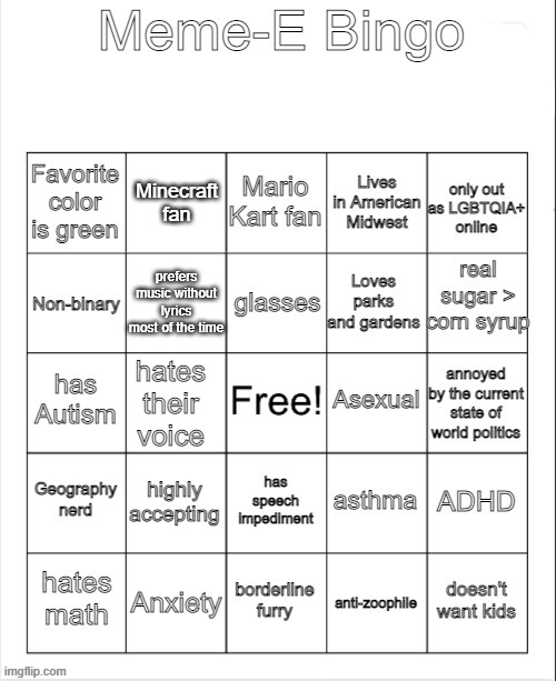 I made my own bingo card! | image tagged in meme-e bingo | made w/ Imgflip meme maker