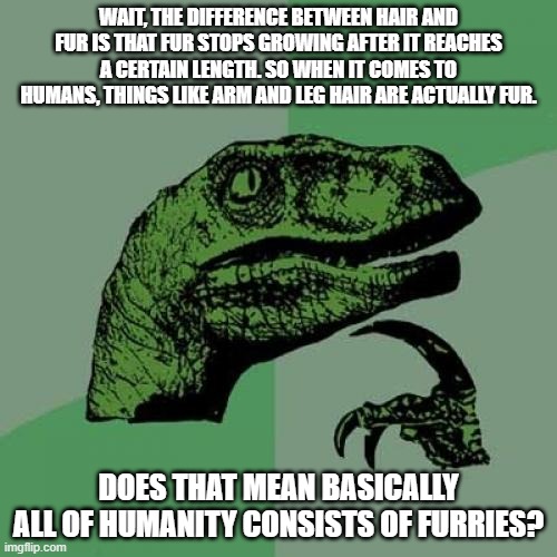 My sleep deprived, tired mind at 12:45 in the morning: | WAIT, THE DIFFERENCE BETWEEN HAIR AND FUR IS THAT FUR STOPS GROWING AFTER IT REACHES A CERTAIN LENGTH. SO WHEN IT COMES TO HUMANS, THINGS LIKE ARM AND LEG HAIR ARE ACTUALLY FUR. DOES THAT MEAN BASICALLY ALL OF HUMANITY CONSISTS OF FURRIES? | image tagged in memes,philosoraptor,furries,hmmm,funny,so tired | made w/ Imgflip meme maker