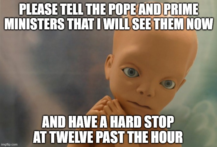 One Who Toddles | PLEASE TELL THE POPE AND PRIME MINISTERS THAT I WILL SEE THEM NOW; AND HAVE A HARD STOP AT TWELVE PAST THE HOUR | image tagged in tyranny | made w/ Imgflip meme maker
