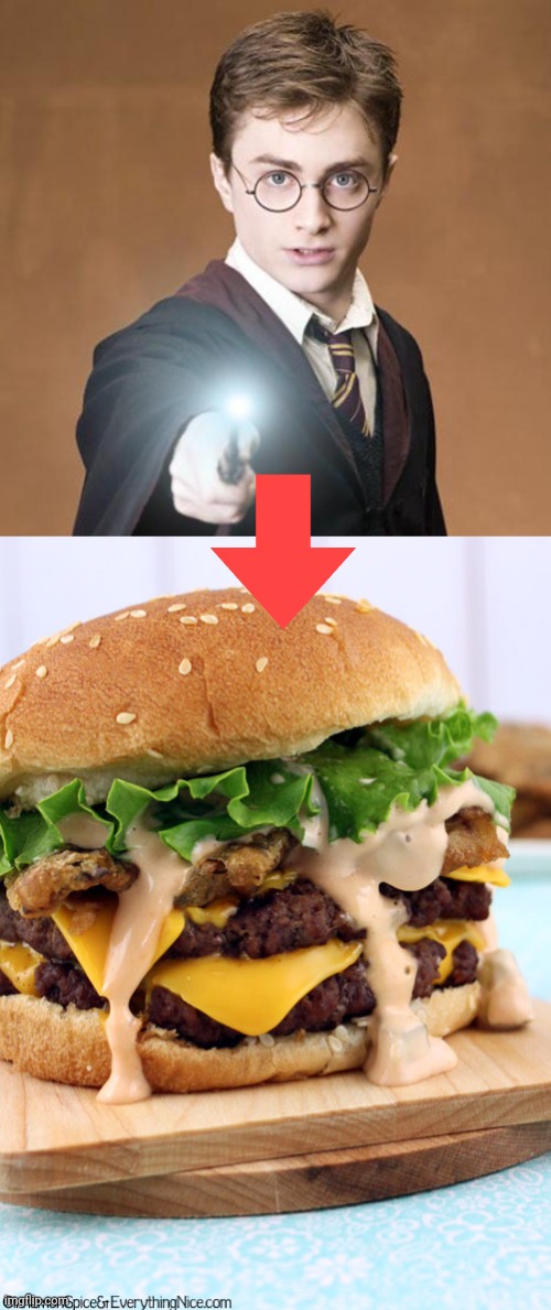 Harry Potter is now a cheeseburger. Bon appetite! | image tagged in harry potter casting a spell,double cheeseburgers not double standards,harry potter,cheeseburger,hamburger,tasty | made w/ Imgflip meme maker