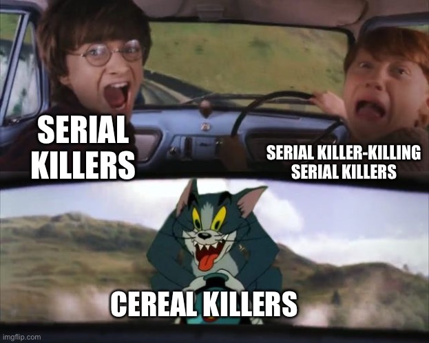 I cringed making this lol | SERIAL KILLER-KILLING SERIAL KILLERS; SERIAL KILLERS; CEREAL KILLERS | image tagged in tom chasing harry and ron weasly,memes | made w/ Imgflip meme maker