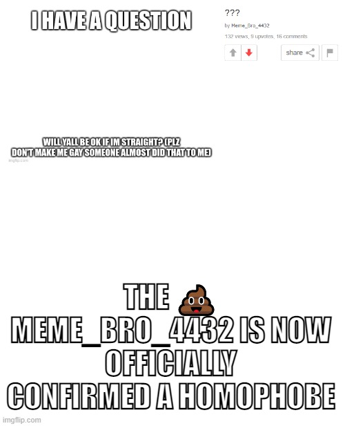 Meme_bro_4432 is a Homophobe | THE 💩 MEME_BRO_4432 IS NOW OFFICIALLY CONFIRMED A HOMOPHOBE | image tagged in blank white template | made w/ Imgflip meme maker