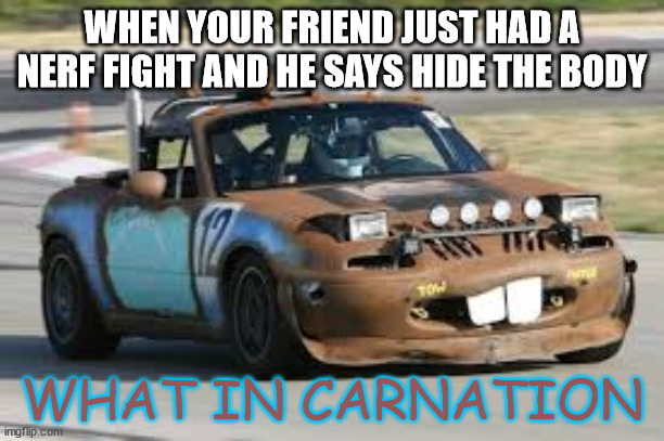 what in carnation | WHEN YOUR FRIEND JUST HAD A NERF FIGHT AND HE SAYS HIDE THE BODY; WHAT IN CARNATION | image tagged in what in carnation | made w/ Imgflip meme maker