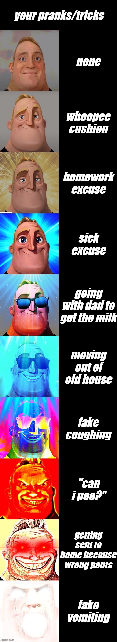 mr incredible becoming canny | your pranks/tricks; none; whoopee cushion; homework excuse; sick excuse; going with dad to get the milk; moving out of old house; fake coughing; "can i pee?"; getting sent to home because wrong pants; fake vomiting | image tagged in mr incredible becoming canny | made w/ Imgflip meme maker
