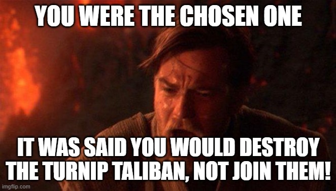 You Were The Chosen One (Star Wars) Meme | YOU WERE THE CHOSEN ONE; IT WAS SAID YOU WOULD DESTROY THE TURNIP TALIBAN, NOT JOIN THEM! | image tagged in memes,you were the chosen one star wars | made w/ Imgflip meme maker