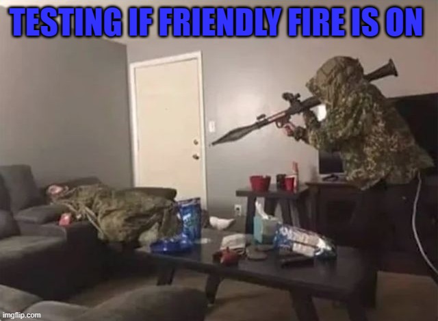 FRIENDLY FIRE | TESTING IF FRIENDLY FIRE IS ON | image tagged in memes | made w/ Imgflip meme maker