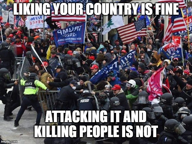 Cop-killer MAGA right wing Capitol Riot January 6th | LIKING YOUR COUNTRY IS FINE ATTACKING IT AND KILLING PEOPLE IS NOT | image tagged in cop-killer maga right wing capitol riot january 6th | made w/ Imgflip meme maker