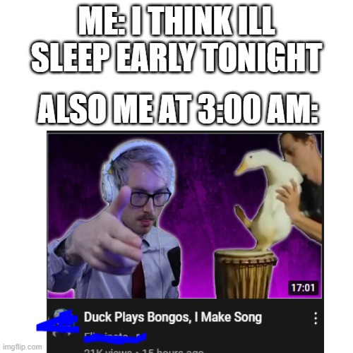 duck | ME: I THINK ILL SLEEP EARLY TONIGHT; ALSO ME AT 3:00 AM: | image tagged in duck,3 am,youtube,tired | made w/ Imgflip meme maker