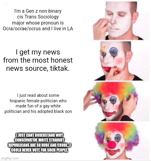 What's the common denominator? Liberals | I'm a Gen z non binary cis Trans Sociology major whose pronoun is Ocra/ocrae/ocrus and I live in LA; I get my news from the most honest news source, tiktak. I just read about some hispanic female politician who made fun of a gay white politician and his adopted black son; I JUST CANT UNDERSTAND WHY CONSERVATIVE WHITE STRAIGHT REPUBLICANS ARE SO RUDE AND CRUDE...I COULD NEVER VOTE FOR SUCH PEOPLE. | image tagged in hispanic,gay,adoption,stupid liberals,liberal hypocrisy,the lion the witch and the audacity of this bitch | made w/ Imgflip meme maker