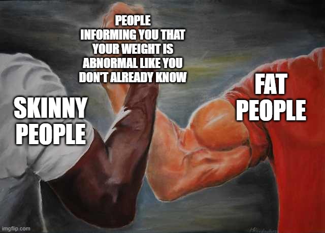 Arm wrestling meme template | PEOPLE INFORMING YOU THAT YOUR WEIGHT IS ABNORMAL LIKE YOU DON'T ALREADY KNOW; FAT PEOPLE; SKINNY PEOPLE | image tagged in arm wrestling meme template | made w/ Imgflip meme maker