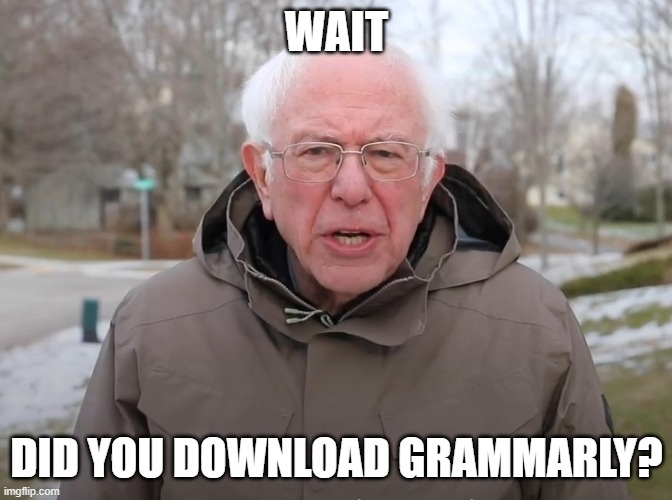 Grammarly | WAIT; DID YOU DOWNLOAD GRAMMARLY? | image tagged in bernie sanders once again asking,grammarly | made w/ Imgflip meme maker