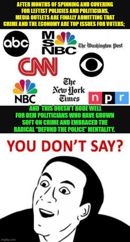 Yeah . . . welcome to actual REALITY leftist-loyal media outlets. | AFTER MONTHS OF SPINNING AND COVERING FOR LEFTIST POLICIES AND POLITICIANS, MEDIA OUTLETS ARE FINALLY ADMITTING THAT CRIME AND THE ECONOMY ARE TOP ISSUES FOR VOTERS;; AND  THIS DOESN’T BODE WELL FOR DEM POLITICIANS WHO HAVE GROWN SOFT ON CRIME AND EMBRACED THE RADICAL “DEFUND THE POLICE” MENTALITY. | image tagged in media lies | made w/ Imgflip meme maker