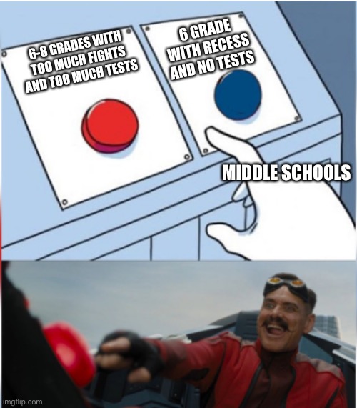 Middle school | 6 GRADE WITH RECESS AND NO TESTS; 6-8 GRADES WITH TOO MUCH FIGHTS AND TOO MUCH TESTS; MIDDLE SCHOOLS | image tagged in robotnik pressing red button,middle school,no fun,fights,tests,two buttons | made w/ Imgflip meme maker