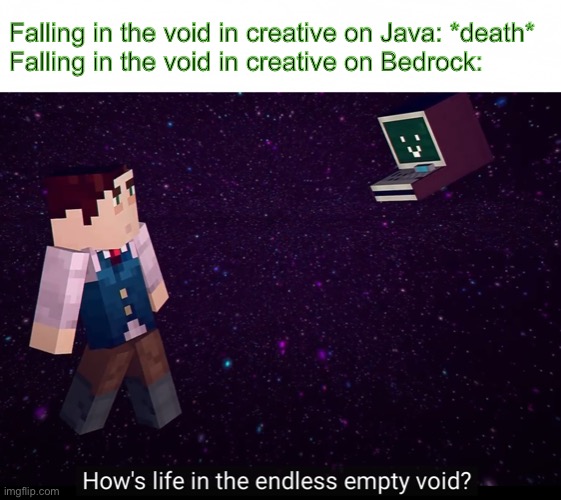 How’s life in the endless empty void? | Falling in the void in creative on Java: *death*
Falling in the void in creative on Bedrock: | image tagged in how s life in the endless empty void,minecraft | made w/ Imgflip meme maker