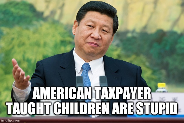 Xi Jinping | AMERICAN TAXPAYER TAUGHT CHILDREN ARE STUPID | image tagged in xi jinping | made w/ Imgflip meme maker