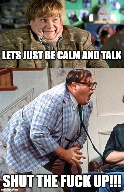 Calm then angry | LETS JUST BE CALM AND TALK; SHUT THE FUCK UP!!! | image tagged in chris farley for the love of god | made w/ Imgflip meme maker