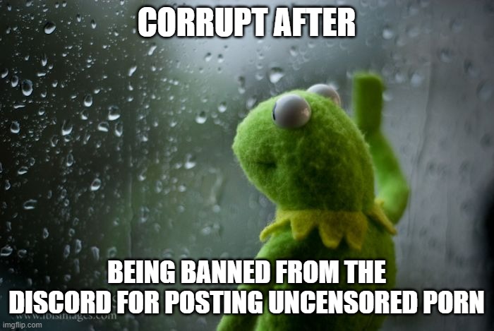 kermit window | CORRUPT AFTER BEING BANNED FROM THE DISCORD FOR POSTING UNCENSORED PORN | image tagged in kermit window | made w/ Imgflip meme maker