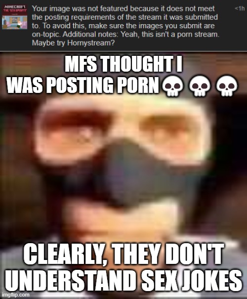 bro | MFS THOUGHT I WAS POSTING PORN💀💀💀; CLEARLY, THEY DON'T UNDERSTAND SEX JOKES | image tagged in spi | made w/ Imgflip meme maker