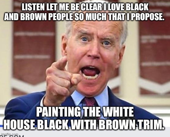 Joe Biden no malarkey | LISTEN LET ME BE CLEAR I LOVE BLACK AND BROWN PEOPLE SO MUCH THAT I PROPOSE. PAINTING THE WHITE HOUSE BLACK WITH BROWN TRIM. | image tagged in joe biden no malarkey | made w/ Imgflip meme maker