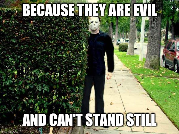 Michael Myers | BECAUSE THEY ARE EVIL AND CAN'T STAND STILL | image tagged in michael myers | made w/ Imgflip meme maker