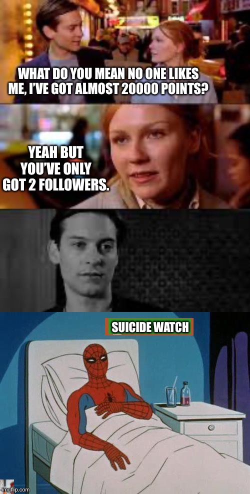 WHAT DO YOU MEAN NO ONE LIKES ME, I’VE GOT ALMOST 20000 POINTS? YEAH BUT YOU’VE ONLY GOT 2 FOLLOWERS. SUICIDE WATCH | image tagged in mary jane rejects peter parker,memes,spiderman hospital | made w/ Imgflip meme maker