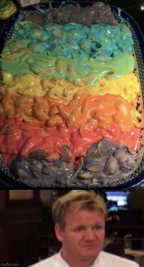 Cursed Mac and cheese | image tagged in disgusted gordon ramsay,rainbow,macaroni and cheese,mac n cheese,cursed image,memes | made w/ Imgflip meme maker