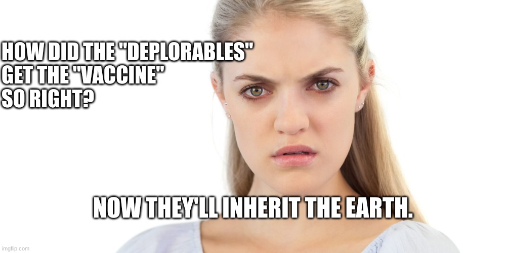 Deplorables and Vaccine | HOW DID THE "DEPLORABLES"
GET THE "VACCINE"
SO RIGHT? NOW THEY'LL INHERIT THE EARTH. | image tagged in angry woman,covid vaccine,stupid liberals,science fiction | made w/ Imgflip meme maker
