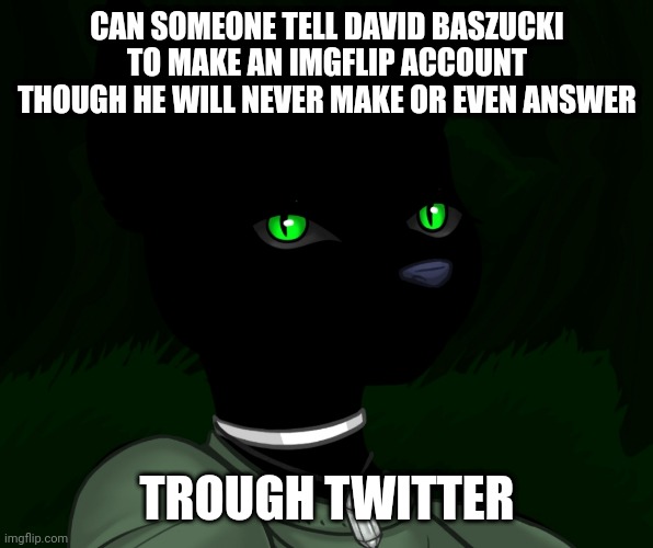 Funi blue bird app | CAN SOMEONE TELL DAVID BASZUCKI TO MAKE AN IMGFLIP ACCOUNT THOUGH HE WILL NEVER MAKE OR EVEN ANSWER; TROUGH TWITTER | image tagged in my new panther fursona | made w/ Imgflip meme maker