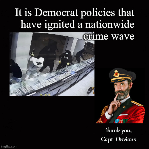 Democrat policies and the nationwide crime wave | It is Democrat policies that
have ignited a nationwide
crime wave; thank you, Capt. Obvious | image tagged in crime wave,democrat policies | made w/ Imgflip meme maker