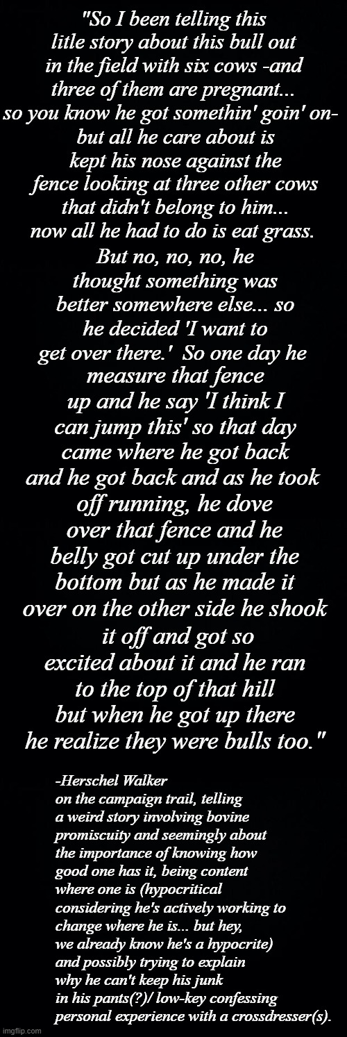 If you're in a position to vote for Herschel Walker -don't.  Just don't. | "So I been telling this litle story about this bull out in the field with six cows -and three of them are pregnant... so you know he got somethin' goin' on-; but all he care about is kept his nose against the fence looking at three other cows that didn't belong to him... now all he had to do is eat grass. But no, no, no, he thought something was better somewhere else... so he decided 'I want to get over there.'  So one day he; measure that fence up and he say 'I think I can jump this' so that day came where he got back and he got back and as he took; off running, he dove over that fence and he belly got cut up under the bottom but as he made it over on the other side he shook; it off and got so excited about it and he ran to the top of that hill but when he got up there he realize they were bulls too."; -Herschel Walker on the campaign trail, telling a weird story involving bovine promiscuity and seemingly about the importance of knowing how good one has it, being content where one is (hypocritical considering he's actively working to change where he is... but hey, we already know he's a hypocrite) and possibly trying to explain why he can't keep his junk in his pants(?)/ low-key confessing personal experience with a crossdresser(s). | image tagged in black background,herschel walker is a moron,hypocrite,liar | made w/ Imgflip meme maker