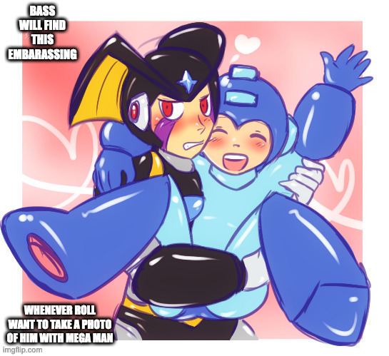 Bass Holding Mega Man | BASS WILL FIND THIS EMBARASSING; WHENEVER ROLL WANT TO TAKE A PHOTO OF HIM WITH MEGA MAN | image tagged in megaman,bass,memes | made w/ Imgflip meme maker