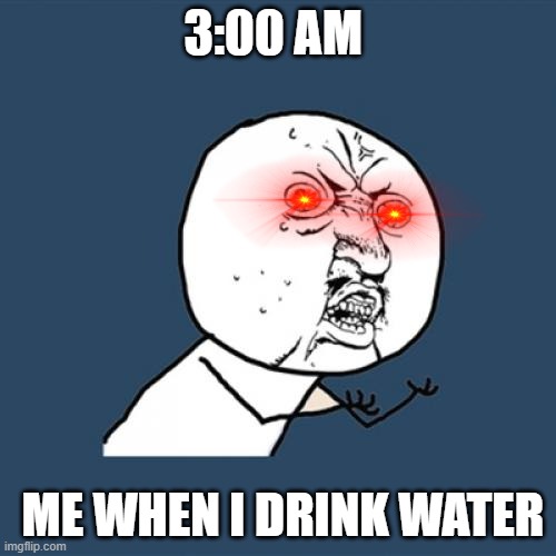 water is good 2:00/3:00 | 3:00 AM; ME WHEN I DRINK WATER | image tagged in memes,y u no | made w/ Imgflip meme maker