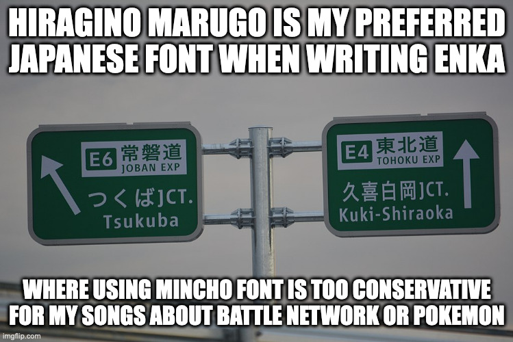 Hiragino Font | HIRAGINO MARUGO IS MY PREFERRED JAPANESE FONT WHEN WRITING ENKA; WHERE USING MINCHO FONT IS TOO CONSERVATIVE FOR MY SONGS ABOUT BATTLE NETWORK OR POKEMON | image tagged in memes,fonts | made w/ Imgflip meme maker