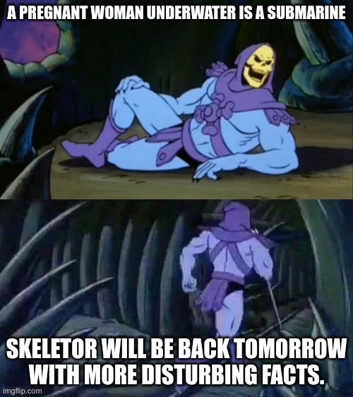 Skeletor disturbing facts | A PREGNANT WOMAN UNDERWATER IS A SUBMARINE; SKELETOR WILL BE BACK TOMORROW WITH MORE DISTURBING FACTS. | image tagged in skeletor disturbing facts,yes | made w/ Imgflip meme maker