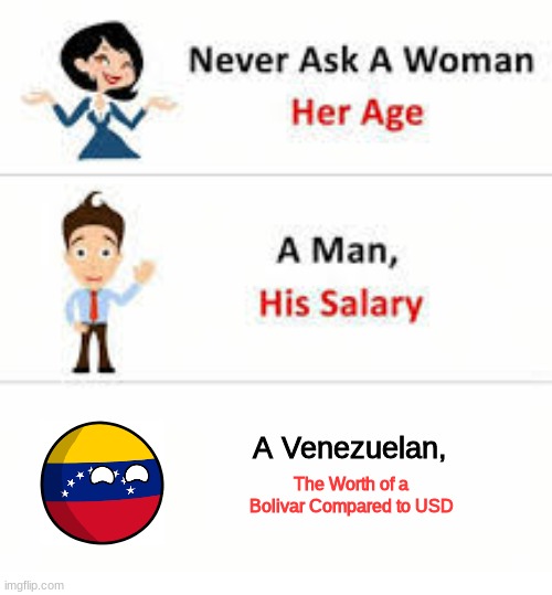 Never ask a woman her age | A Venezuelan, The Worth of a Bolivar Compared to USD | image tagged in never ask a woman her age | made w/ Imgflip meme maker