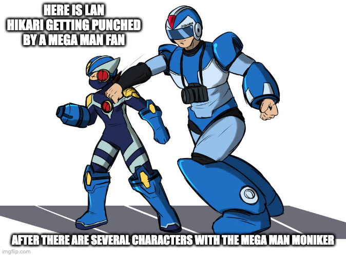 Lan Hikari and Mega Man X Fan | HERE IS LAN HIKARI GETTING PUNCHED BY A MEGA MAN FAN; AFTER THERE ARE SEVERAL CHARACTERS WITH THE MEGA MAN MONIKER | image tagged in megaman,megaman x,megaman battle network,lan hikari,memes | made w/ Imgflip meme maker
