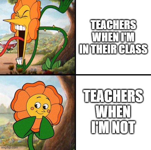 happens all the time. | TEACHERS WHEN I'M IN THEIR CLASS; TEACHERS WHEN I'M NOT | image tagged in angry flower,teachers,relatable | made w/ Imgflip meme maker